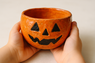 kids hands holding an orange and black halloween pumpkin shaped clay bowl