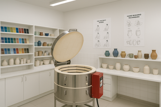 kiln in a white and bright school studio with pottery and glaze tiles 