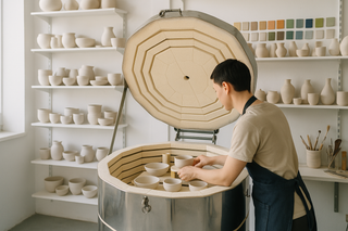 large kiln in a white and bright studio surrounded by pottery and glaze tiles on shelves with a person loading the kiln