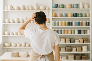  person in an apron standing in a white and bright pottery shop looking at clay and glazes with their back to us and scratching their head